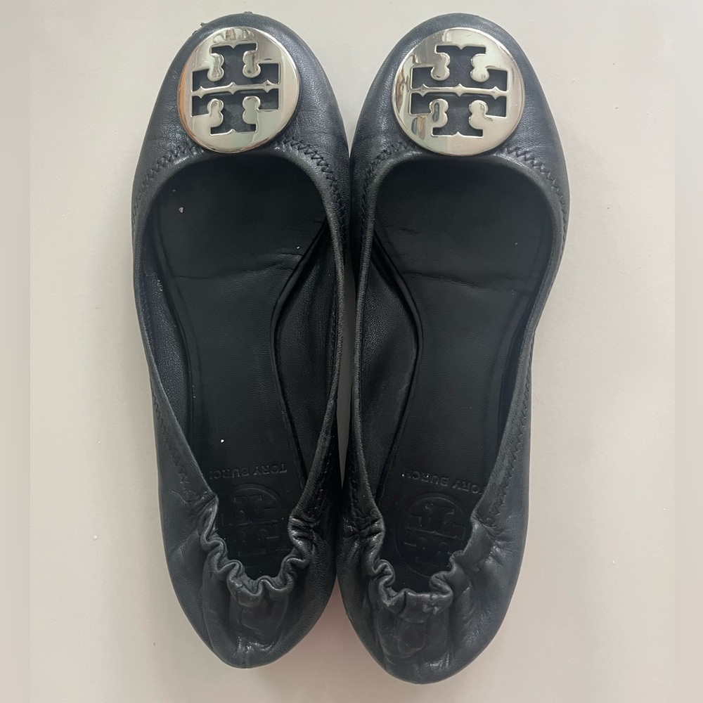 Tory Burch Reva Black Leather Shoes Womens 6.5 Flats Silver Tone Hardware Logo